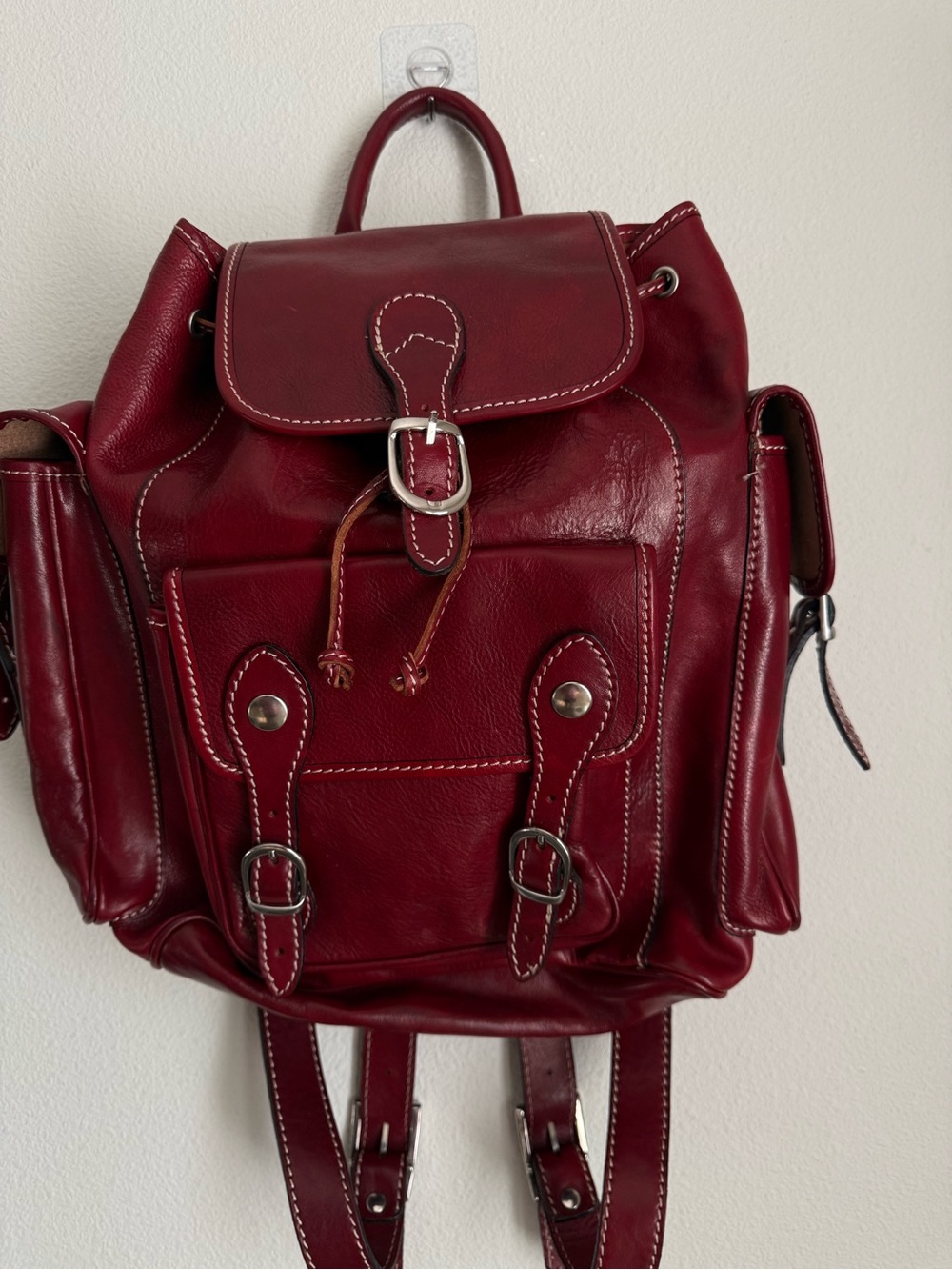 Genuine Leather Deep Red Backpack Multi-pocket